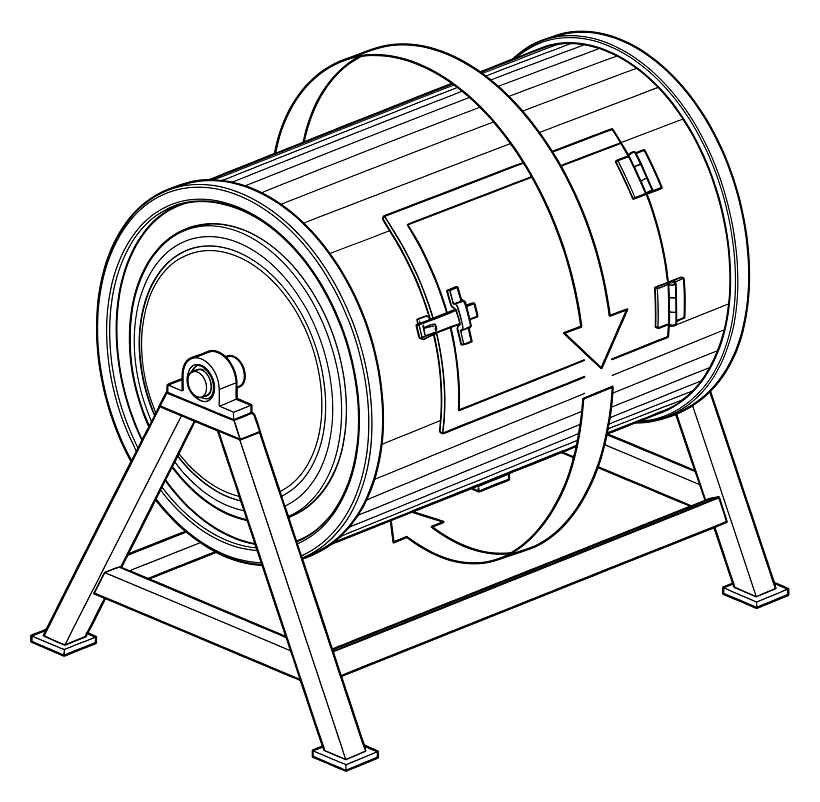 Composteur rotatif vu de trois quarts : un tambour cylindrique monté à l'horizontale sur un châssis en A, avec une trappe à charnières sur le flanc et une flèche indiquant la rotation autour de l'axe.